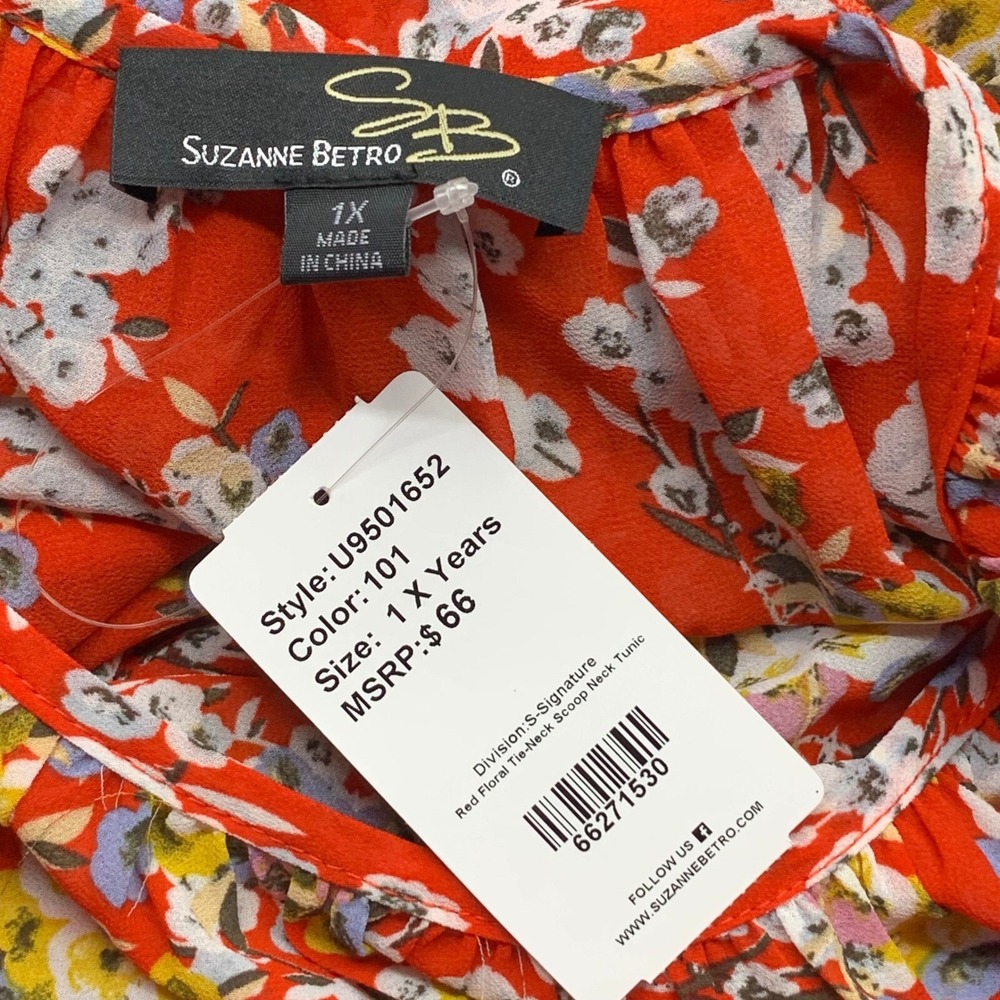 Suzanne Betro‎ Red Floral Tunic Top Boho Ruffle Flutter Sleeves Elastic Waist 1X - Picture 7 of 8